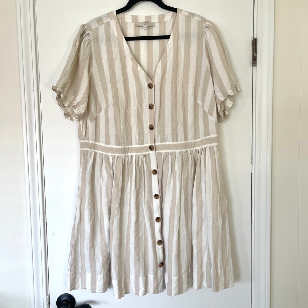 Loft Plus Tan White Coastal Striped Linen Blend ButtonFront Pocket Dress Size 18 - Picture 2 of 12